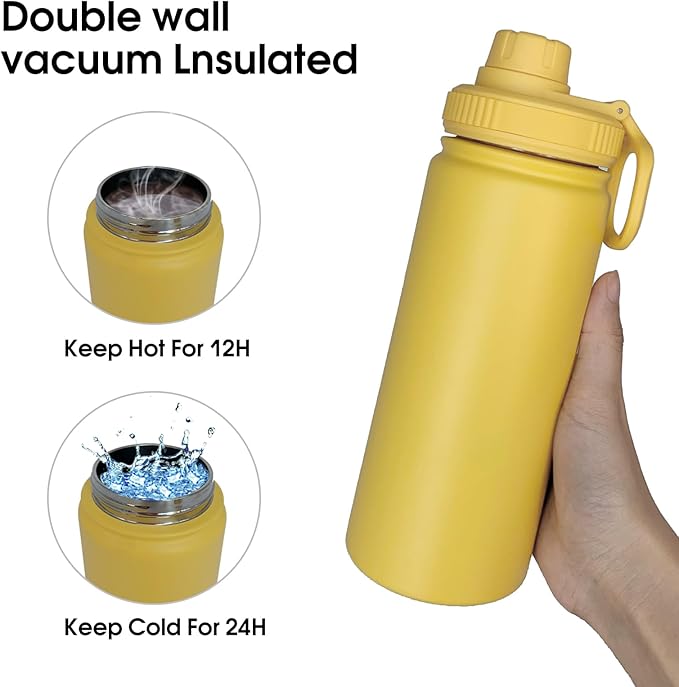 18oz Insulated Water Bottle ，Stainless Steel Sports Water Cup Flask with 2 Lids, Wide Mouth Travel Thermal Mug,Outdoor Sports Bottle（Mango yellow）