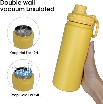 18oz Insulated Water Bottle ，Stainless Steel Sports Water Cup Flask with 2 Lids, Wide Mouth Travel Thermal Mug,Outdoor Sports Bottle（Mango yellow）