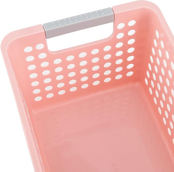 7 Pack 10.7 x 7.5 x 5.6 Inch Pink Plastic Storage Baskets, Stackable and Strong Decorative Woven Plastic Containers with Handles, Weaving Organizing Basket for Kitchen, Kids Room, Office