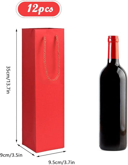 12Pcs Red Wine Gift Bag,Wine Tote Bags Bulk With Handle Kraft Paper Bags 3.7"×3.5“×13.8” for Wine Gifts,Bottle,Tumblers as Christmas Party Gift