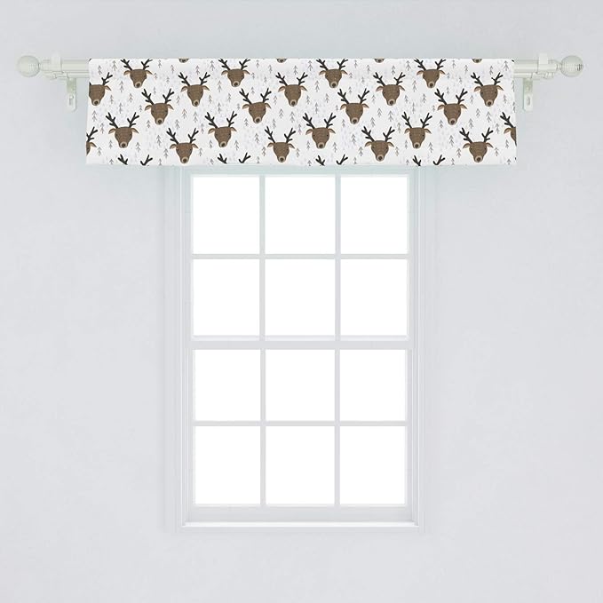 Ambesonne Landscape Window Valance, Winter Woods Theme Pattern of Deer Heads with Antlers and Fir Trees, Curtain Valance for Kitchen Bedroom Decor with Rod Pocket, 54" X 12", White Sepia