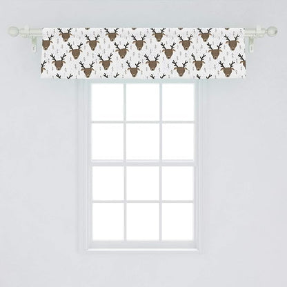 Ambesonne Landscape Window Valance, Winter Woods Theme Pattern of Deer Heads with Antlers and Fir Trees, Curtain Valance for Kitchen Bedroom Decor with Rod Pocket, 54" X 12", White Sepia