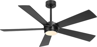 54" Ceiling Fan with Light and Remote Control, Modern Dimmable LED Light, 6-Speed Noiseless Reversible DC Motor, 5 Plywood Ceiling Fan for Kitchen Bedroom Living Room Black