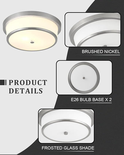 12 inch Flush Mount Ceiling Light, 2-Light Close to Ceiling Light Fixtures with Oil Rubbed Bronze Finish for Bathroom Bedroom Kitchen Hallway (Brushed Nickel)