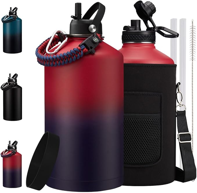 1 Gallon Water Bottle Insulated - 128oz Water Bottle with Straw & Spout Lids, Carrier Bag with Strap, Stainless Steel Flask (Cold for 48Hrs) Large Metal Jug for Hiking Travel Camping