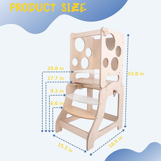 Toddler Tower, Toddler Kitchen Stool Helper with Montessori Weaning Table and Chalkboard, Adjustable Height and Steps are Easier for Children, Premium Birchwood