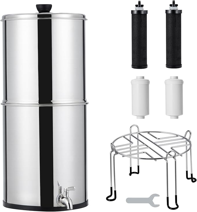 Stainless Steel Gravity Fed Water Filter System, 2.25G Capacity, Includes 2 Filters and Stand, Ideal for Home, Camping, RV, Fishing, Reduces 99% Chlorine