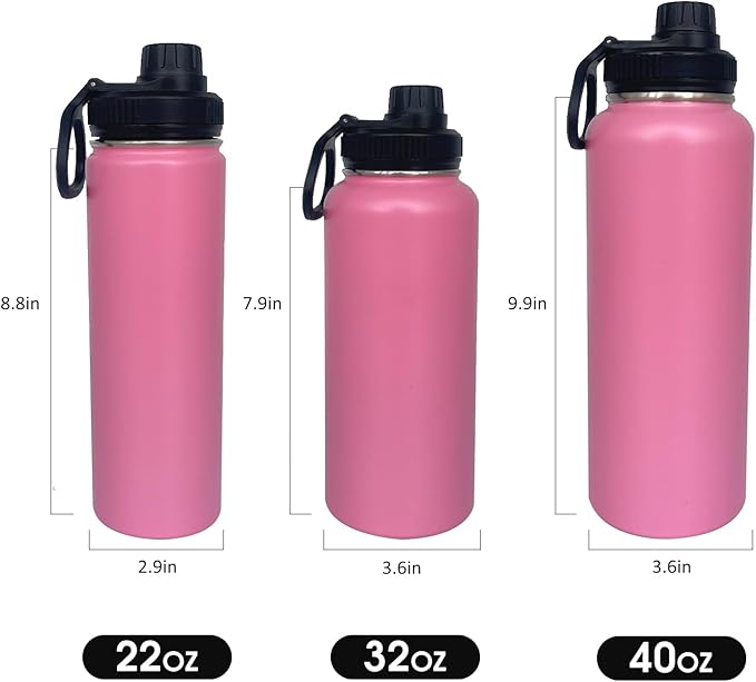 1pack 22 oz Insulated Water Bottle With Straw, Stainless Steel Sports Water Cup Flask with 2 Lids, Wide Mouth Travel Thermal Mug,Pink