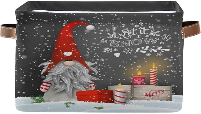 Winter Gnomes Storage Basket Fabric Kitchen Baskets Let it Snow Christmas Decorations Open Home Storage Bins Boxes Foldable Organizer Bag for Toy Book Shelf Closet Baskets 16×12×8 Inches