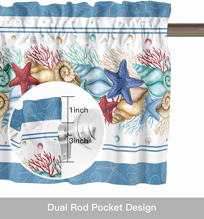 Vandarllin Coastal Beach Kitchen Curtains Valances for Windows Nautical Ocean Seashell Coral Starfish Rod Pocket Window Treatment for Kitchen/Living Room/Bedroom/Bathroom, 42" X 18", Lake Blue Summer