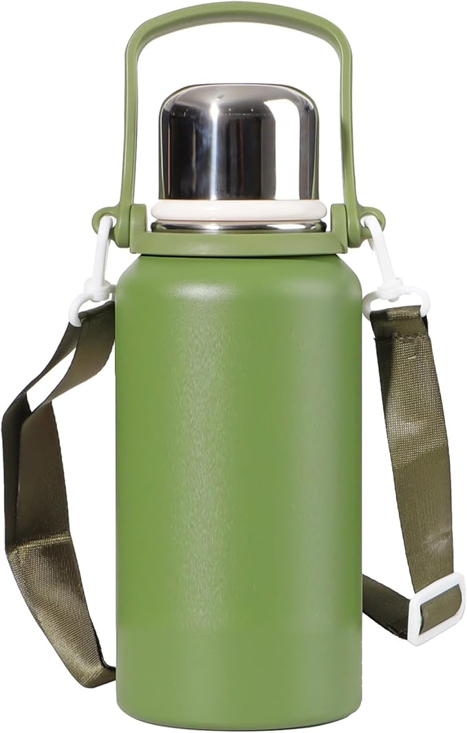 Qair 40 oz Insulated Thermos Stainless Steel Water Bottle with Handle, Strap, Strainer, Sports Travels Coffee Tea Bottle for Home Office Outdoor, Green 1200ml