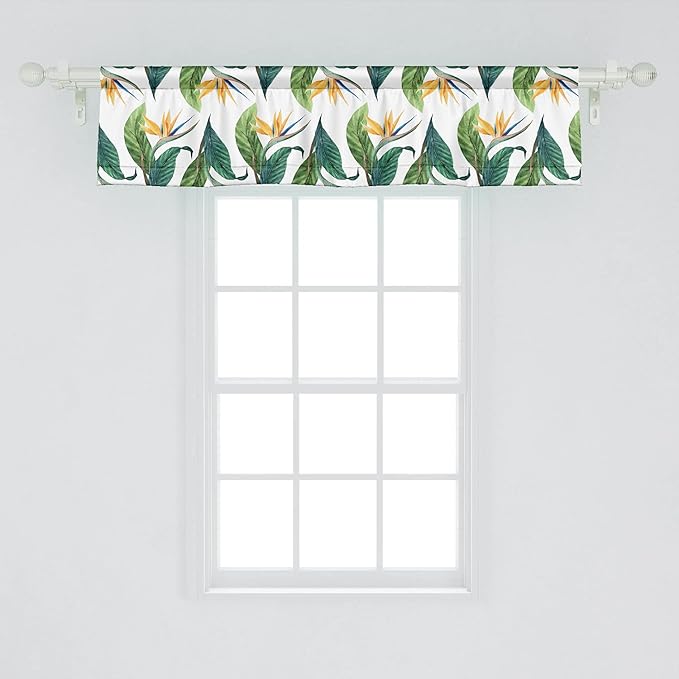 Ambesonne Exotic Window Valance, Macro Watercolor Painting of Bird of Paradise Flower and Leaves, Curtain Valance for Kitchen Bedroom Decor with Rod Pocket, 54" X 12", Green Yellow