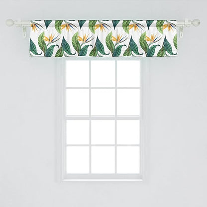 Ambesonne Exotic Window Valance, Macro Watercolor Painting of Bird of Paradise Flower and Leaves, Curtain Valance for Kitchen Bedroom Decor with Rod Pocket, 54" X 12", Green Yellow