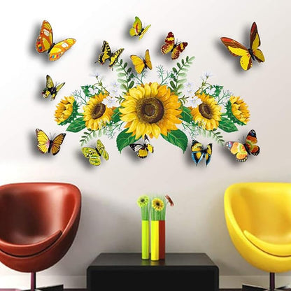 Sunflowers Wall Decal with 12 PCS 3D Colorful Butterfly Wall Stickers for Nursery Bedroom Bathroom Kitchen, Removable Yellow Flower Mural DIY Wall Art Decor Home Decorations for Living Room