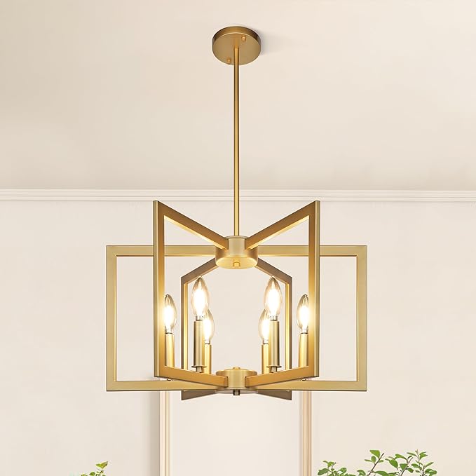 6-Light Gold Pendant Light, Modern Farmhouse Dining Room Light Fixtures Over Table, Industrial Metal Geometric Kitchen Chandelier for Entryway Hallway Foyer Bedroom