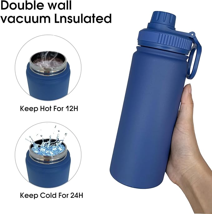 18oz Insulated Water Bottle ，Stainless Steel Sports Water Cup Flask with 2 Lids, Wide Mouth Travel Thermal Mug,Outdoor Sports Bottle（Dark Blue）