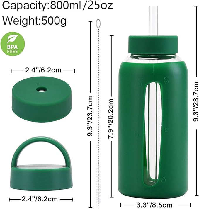 25oz Glass Water Bottles，glass tumbler with straw and 2 lid，Glass Cup with Lid and Straw(BPA Free)，Water Bottle with Handle for Outdoor Sports and Home Use.(Green)