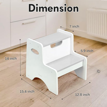 Toddler Step Stool for Kids Two Step Stool Bathroom Basin Stool and Kitchen Stool Smooth Corners with Handles Hard Textured and Eco-Friendly Durable Kids' Wooden Step Stool (Grey/White)