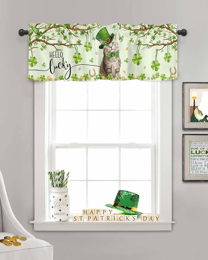 Vandarllin Lucky Cat St. Patrick's Day Kitchen Curtains Valances for Windows Green Spring Shamrocks Tree Rod Pocket Window Treatment for Kitchen/Living Room/Bedroom/Bathroom, 42" X 18",