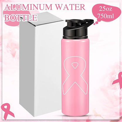 12 Pieces Breast Cancer Awareness Gifts Aluminum Water Bottles Pink Ribbon Breast Cancer Gift for Women Leak Proof Lightweight Portable Bottles for Marathon Running (Stylish Style,25 oz)