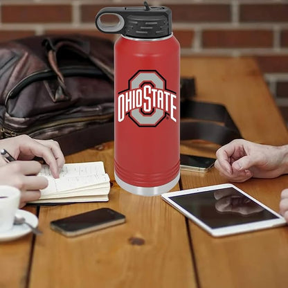 Ohio State University 32oz Stainless Steel Double Walled Red Beverage Bottle with Flip Straw Spout- College Gear for Playoff Season – For Office, Home or Auto – Show your Buckeye Pride