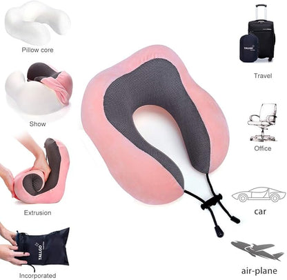 Travel Pillow, Best Memory Foam Neck Pillow Head Support Soft Pillow for Sleeping Rest, Airplane Car & Home Use (Pink)