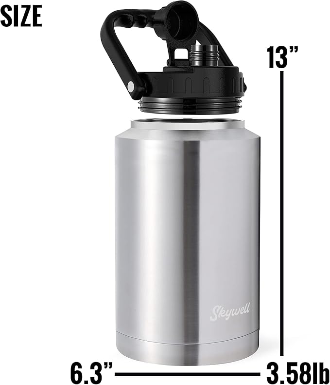 128 Oz Insulated Water Bottle Sleeve and Cup Kit Wide Mouth Water Flask Sweat-Proof and Leak-Proof 1 Gallon Stainless Steel Water Jug for Outdoors, Silver Kit