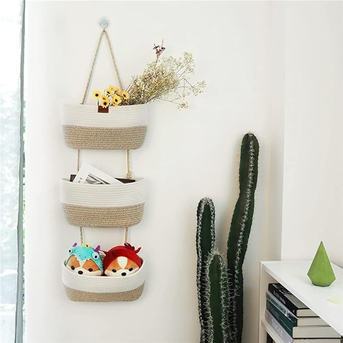 TeoKJ Over the Door Hanging Basket, 3-Tier Woven Cotton Wall-Mounted Storage Organizer Bag Decorative Hanging Kitchen Baskets - White + Jute