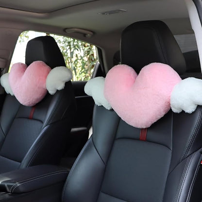 2 Pack Heart Shaped Pillow with Angel Wings Cute Neck Pillow for Car Headrest Cushion Comfortable Soft Car Pillow for Driving Seat Back Kawaii Car Accessories Travelling Home Décor - Pink