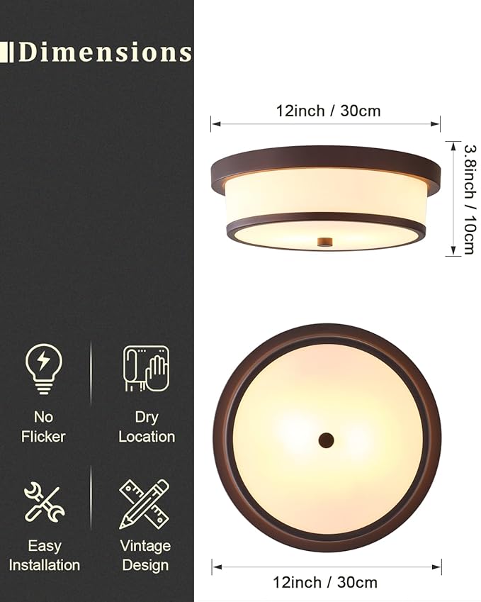 12 inch Flush Mount Ceiling Light, 2-Light Close to Ceiling Light Fixtures with Oil Rubbed Bronze Finish for Bathroom Bedroom Kitchen Hallway (Oil Rubbed Bronze)