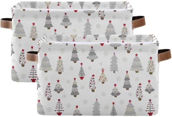 Christmas Tree Gray Storage Basket Fabric Kitchen Baskets Winter Snowflake White Grey Open Home Storage Bins Boxes Foldable Organizer Bag for Book Shelf Closet Baskets 16×12×8 Inches