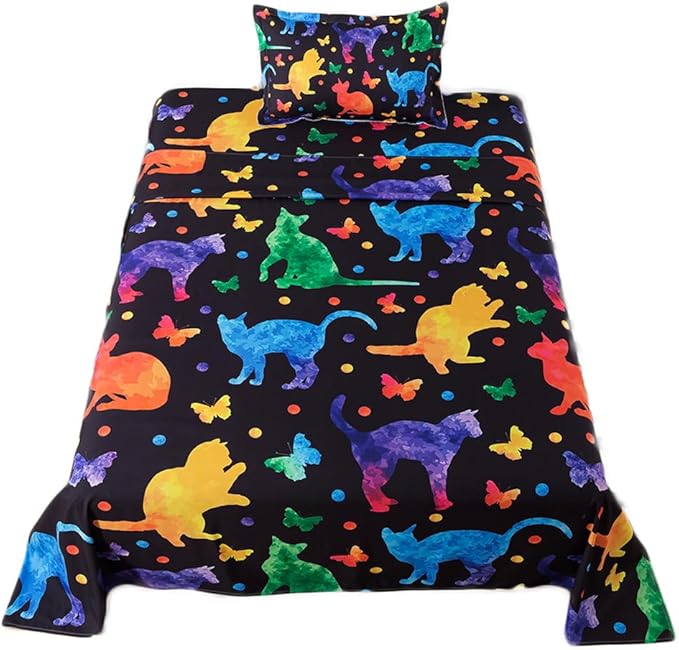 qjmiaofang Cat Sheets Twin Multi Color Sheet Set Cute Cats Bedding Set for Kids Candy Cat Fitted Sheet 3Pieces Butterfly Printed Bed Set for Home 1 Fitted Sheet 1 Flat Sheet 1 Pillowcases