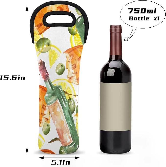 Watercolor Wine Carrier Tote, Neoprene Wine Tote Bag 750ML, Portable Wine Bottle Carrier Tote Holders for Wine Beer Cans Water, 1-Bottle Protector for Home Travel and Picnic