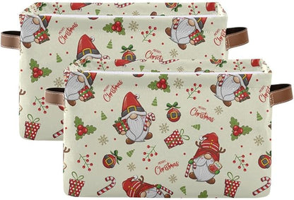 Merry Christmas Gnomes Storage Basket Fabric Kitchen Baskets Winter Candy Cane Bells Xmas Open Home Storage Bins Boxes Foldable Organizer Bag for Toy Book Shelf Closet Baskets 16×12×8 Inches