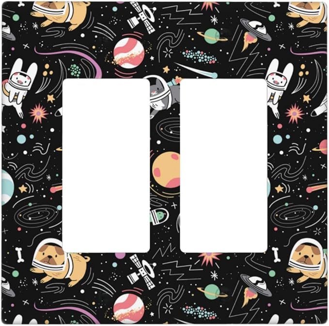 Space Cute Cat Dog Decorative Light Switch Cover Wall Plate 2 Rocker Double Gang Two Decora for Outlet Kitchen Kids Boys Room Bedroom Bathroom Home Novelty Receptacle Decorate