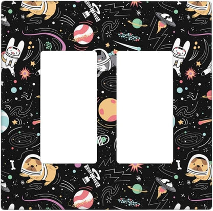 Space Cute Cat Dog Decorative Light Switch Cover Wall Plate 2 Rocker Double Gang Two Decora for Outlet Kitchen Kids Boys Room Bedroom Bathroom Home Novelty Receptacle Decorate