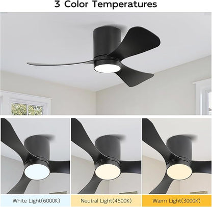 42 Inch Low Profile Ceiling Fan with Lights, Modern Flush Mount Ceiling Fan, 3 ABS Blades, 6-Speed, Reversible DC Motor, Noiseless, for Indoor/Outdoor Kitchen Bedroom, Black