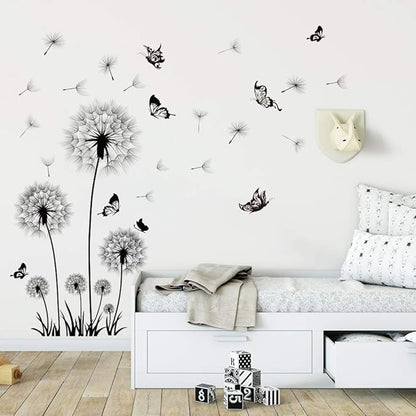 Runtoo Black Dandelion Wall Decals Flower Butterfly Wall Stickers for Living Room Bedroom Home Decoration Wall Décor