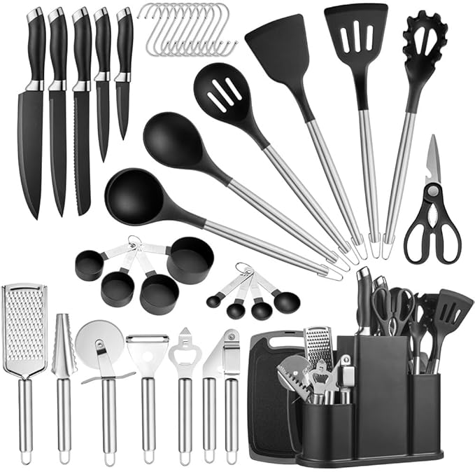 38 PCS Kitchen Utensils Set, Silicone Cooking Utensils Set with Kitchen Knife Set and Holder, Wooden Handle Kitchen Tool Set - Kitchenware Set (Black)