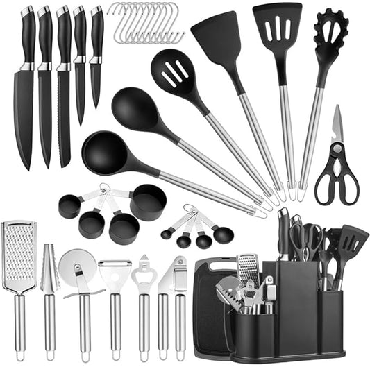 38 PCS Kitchen Utensils Set, Silicone Cooking Utensils Set with Kitchen Knife Set and Holder, Wooden Handle Kitchen Tool Set - Kitchenware Set (Black)