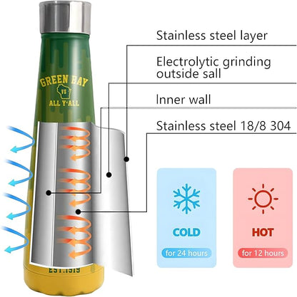 16oz Green Bay Stainless Steel Insulated Water Bottles New Cola Shape Bottle, Reusable Water Bottle Leak Proof Metal Sports Water Bottle Thermos Cup