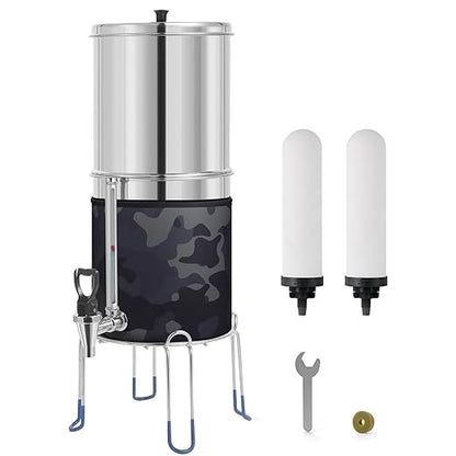 2.25G Gravity Water Filter System, 304 Stainless Steel Countertop System with 2 Ceramic Filters, Water View Spigot and Stand, Reduce Chlorine, for Home, Camping, RVing, Off-Grid, Emergencies