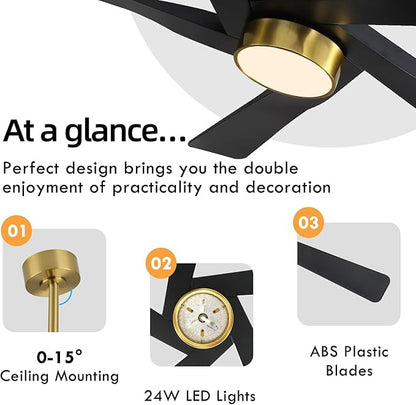 WINGBO 54" ABS DC Ceiling Fan with Lights, 5 Blade ABS Plastic Ceiling Fan with Remote, 6-Speed Reversible DC Motor, LED Ceiling Fan for Kitchen Bedroom Living Room, Brass and Matte Black