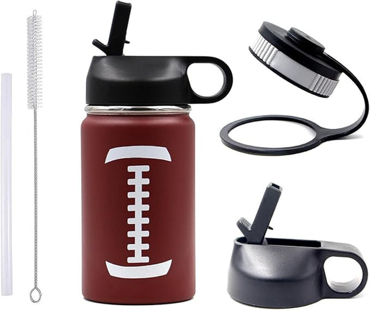 12 oz Football Water Bottle, Flask Sports with 2 Lids 18/8 Stainless Steel Travel Tumbler Double Wall Vacuum Insulated Hot/Cold (12oz, Football)