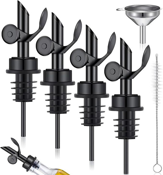 Tioncy 4 Pieces Weighted Stainless Steel Pourers Olive Oil Spout Olive Oil Dispenser Spout Automatic Opening and Closing Spout with Funnel and Brush for Pouring Wine Syrup Oil Kitchen (Black)