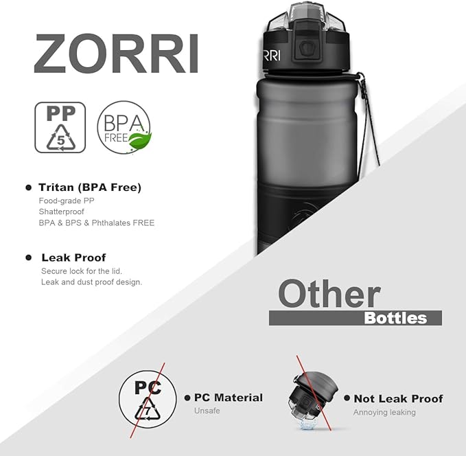 ZORRI 14/17/ 24/32 OZ Water Bottles, BPA Free Tritan Lightweight Leak Proof Sport Bottle with Brush, Lock Feature, Track Marker, and Flip Lid for Kids School, Fitness, Office, Sports & Outdoors