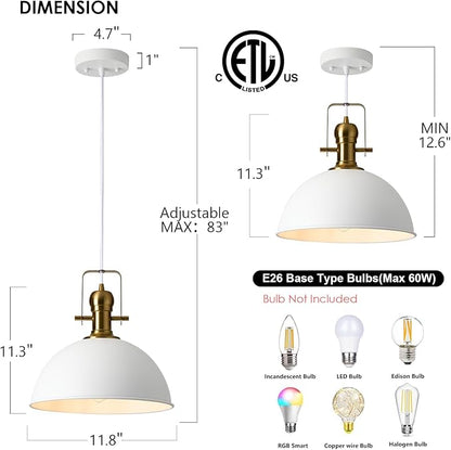 12 Inch Sandy White Farmhouse Pendant Lights Pendant Lights for Kitchen Island Industrial Adjustable Height Vintage Dome Hanging Light Fixtures for Barn, Dining Room 1 Pack