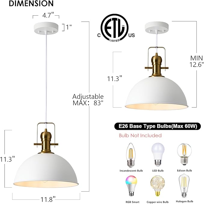 12 Inch Sandy White Farmhouse Pendant Lights Pendant Lights for Kitchen Island Industrial Adjustable Height Vintage Dome Hanging Light Fixtures for Barn, Dining Room 2 Packs