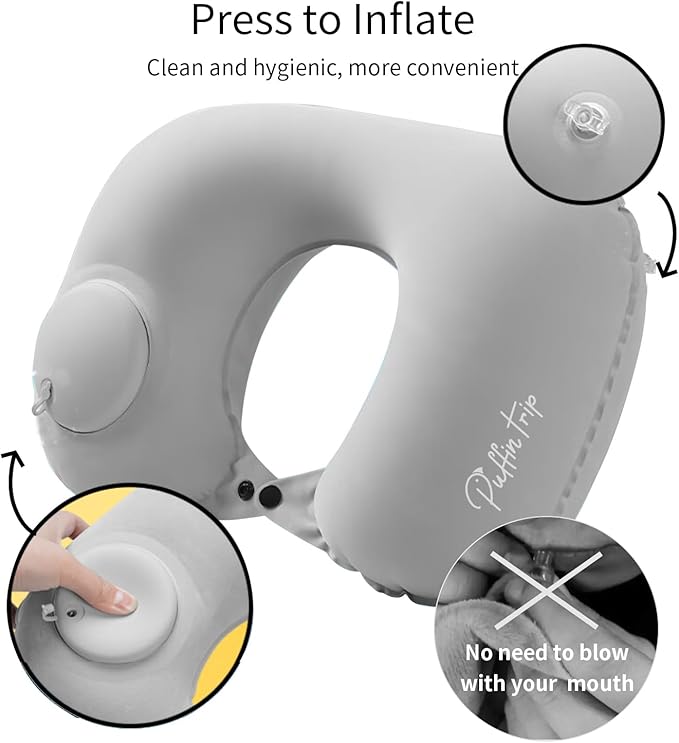 Ultralight Inflatable Travel Pillow Neck Pillow Press to Inflate Compressible Lumbar Support while Camp Travel Cars Office Home Grey