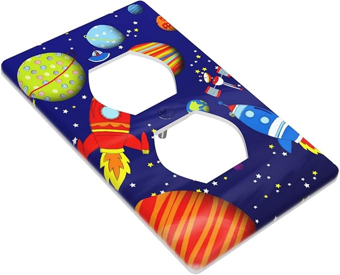 Space Astronaut Duplex Outlet Switch Wall Plate Cover Decorative 1-Gang for Electrical Boys Kids Room Bathroom Bedroom Home Kitchen One Receptacle Polycarbonate Power Gear 4.5" x 2.76"